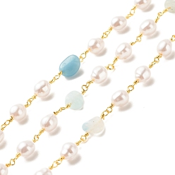 Aquamarine Natural Aquamarine Chips & ABS Pearl Beaded Chains, with Gold Plated Brass Findings, Long-Lasting Plated, Soldered, with Spool, 15~16x6.5x5mm, 15x4.5~5.5x3.5~4mm