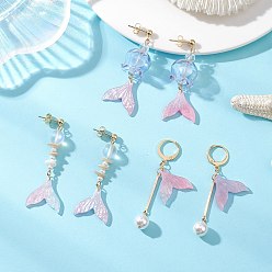 Золотой Комплекты серег-колец и подвесок в форме рыбьего хвоста из стеклянных бусин и ацетата целлюлозы (смолы), с бусинами из синтетического лунного камня и ракушечного жемчуга, золотые, 51.5~56.5x15.5~19.5 мм