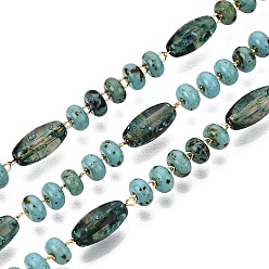 Turquoise Handmade Brass & Glass Beaded Link Chains, Oval & Rondelle, Soldered, with Spool, Real 18K Gold Plated, Turquoise, 8.5~9x4~4.5mm