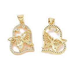 Real 18K Gold Plated Brass Micro Pave Cubic Zirconia Pendants, Heart with Butterfly Charm, Real 18K Gold Plated, 25.5x18x3.5mm, Hole: 3.5x4mm
