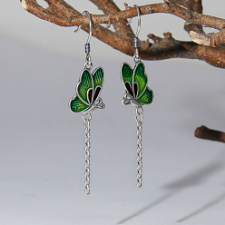 Green Alloy Enamel Butterfly Dangle Earrings for Women, Platinum, Green, 48mm