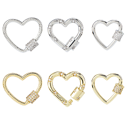 Платиновый & Золотой 6 шт. 6 стили латунные микропаве прозрачные кубические цирконии с винтовым карабином и замком, для изготовления ожерелий, быстрые ссылки, сердце, платиной и золотом, 17.5~21x20~24x2~6 мм, 1 шт / стиль