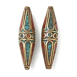 Античное Золото Ручной тибетском стиле бисера, двухконусные, Латунные бусины, с синтетическими бирюзовый, античное золото , 51.5~52x14 мм, отверстие : 1.6~2 мм