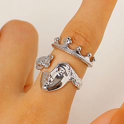 Platinum Brass Cuff Open Rings, Crown & Human Face, Platinum, 17mm, about 2pcs/set