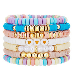 (52) Непрозрачная лаванда 7 Набор эластичных браслетов для женщин с узором в виде сердечек из полимерной глины, пластиковых бусин и жемчуга, а также пластиковых бусин CCB., разноцветные, внутренний диаметр: 2.56~5.12 дюйм (6.5~13 см)