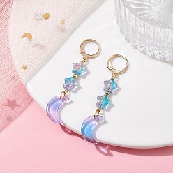 Mixed Color 4 Pairs 4 Color Moon & Star Glass Dangle Leverback Earrings, 304 Stainless Steel Drop Earrings, Mixed Color, 55x11mm, 1 Pair/color