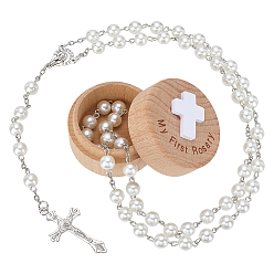 Платина 1 подвеска в виде креста-распятия из поликарбонатного сплава, белые круглые стеклянные жемчужины, четки, с 1круглыми деревянными ящиками из ПК, платина, колье: 28.74 дюйм (73 см)