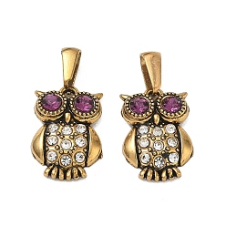 Or Antique 304 pendentifs en strass en acier inoxydable, charmes hibou, placage ionique (ip), Or antique, 20x13.5x3.5mm, Trou: 8x3.5mm