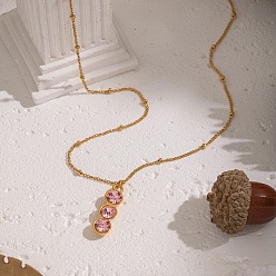 Pink 304 Женские кулоны с тройным плоским круглым кулоном из нержавеющей стали с кубическим цирконием, реальный 18 k позолоченный, розовые, 16.93 дюйм (43 см)