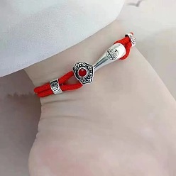 Красный Браслеты на лодыжки из хлопкового шнура с латунными нитями, приносящими удачу, античное серебро, красные, 2 дюйм (9-7/8 мм)