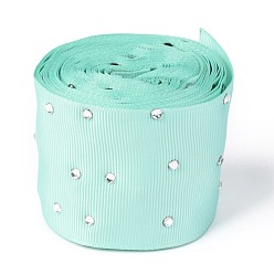 Turquoise Polyester Grosgrain Ribbon, with Single Face Crystal Rhinestone, for Crafts Gift Wrapping, Party Decoration, Turquoise, 2 inch(52mm), 5 yards/roll(4.57m/roll)