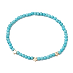 Бледно-бирюзовый Окрашенные синтетические бирюзовые бусины эластичные браслеты для женщин и мужчин, с латунной бисера, звезда, бледные бирюзовая, внутренний диаметр: 2-1/4 дюйм (5.7 см)