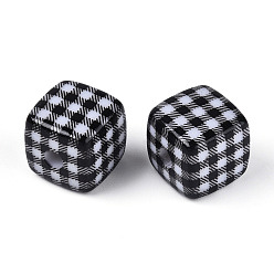 Черный Печатные непрозрачные акриловые бусины, куб с клетчатым узором, чёрные, 14x14~14.5x14~14.5 мм, отверстие : 3.8 мм