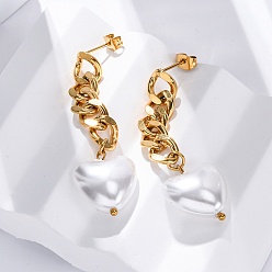 Золотой 304 Серьги из нержавеющей стали, с пластиковой жемчужины, цепочка-оберег, золотые, 53.5x16.5 мм