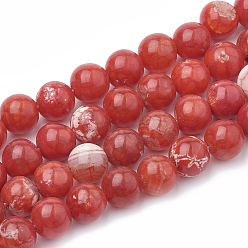 Rouge Perles de perles d'agate de craquelures naturelles teintes, ronde, rouge, 10~11mm, Trou: 1mm, Environ 38 pcs/chapelet, 15.1 pouce