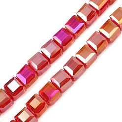 Красный Гальванизируйте прозрачное стекло бисер нитей, Cude, граненые, с покрытием AB цвета, красные, 5~6x5.5~6x5.5~6 мм, отверстие : 1.2 мм, около 95~98 шт / нитка, 20.07~20.86 дюйм (51~53 см)