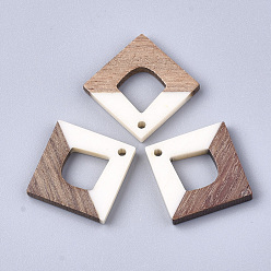 Creamy White Resin & Walnut Wood Pendants, Rhombus, Creamy White, 27x27x4mm, Hole: 2mm
