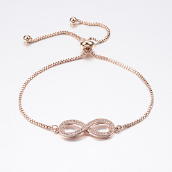 Розовое Золото Регулируемые латунные браслеты Боло, слайдерные браслеты, с фианитом и цепочками, бесконечность, розовое золото , 10-5/8 дюйм (270 мм)
