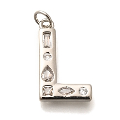Letter L Латунные микропаве прозрачные подвески с фианитом, с целью перехода в кольце, без свинца и без кадмия, долговечный, стойки покрытие, письмо амулеты, платина, Письмо L, 20x12x2.7 мм, Перейти кольцо: 5x1 мм, 3 mm внутреннего диаметра.