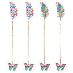 Golden 4Pcs 2 Styles Stainless Steel & Alloy Bookmarks, Butterfly & Feather, with 304 Stainless Steel Cable Chains, Golden, 164mm, 2pcs/style
