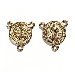 Light Gold Люстра компонентов сплава ссылки, 3 Разъемы петли, плоский круглый со статуей святого бенедикта, для изготовления украшений из четок, тема религии, золотой свет, 16x16x2 мм, отверстие : 1.7 мм