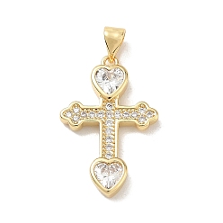 Настоящее золото 18K Пасхальные латунные подвески с прозрачными кубическими циркониями, крестик с сердечками, стойки покрытие, долговечный, без кадмия и без свинца, реальный 18 k позолоченный, 26x17x3.5 мм, отверстие : 5x3.5 мм