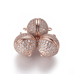 Розовое Золото Магнитные застежки из латуни с цирконием и микропаве с петлями, круглые, прозрачные, розовое золото , 18x14.5 мм, отверстие : 1.4 мм