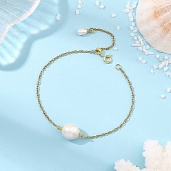 Golden Natural Edison Pearl Potato Link 304 Stainless Steel Cable Chain Braclets for Women, White, Golden, 8.94 inch(22.7cm)