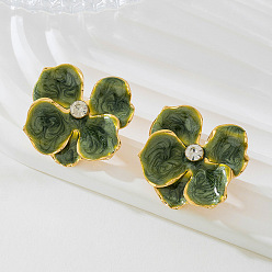 Темно-оливково-зеленый Серьги-гвоздики из цветочного сплава. со стразами и эмалью, золотые, темно-оливковый зеленый, 27x25 мм