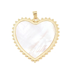Настоящее золото 18K Натуральный белый оболочки подвески, подвески в форме сердца с латунной оправой, долговечный, стойки покрытие, без свинца и без кадмия, цвет морской раковины, реальный 18 k позолоченный, 45x45x2 мм, отверстие : 5x3.5 мм