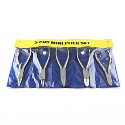 Нержавеющая Сталь Цвет Наборы ювелирных плоскогубцев из нержавеющей стали 2cr13#, устойчивые к потускнению, в том числе плоскогубцев носа иглы, Плоскогубцы, Бокорезы, плоскогубцы и плоскогубцы с короткой цепью, цвет нержавеющей стали, 20x33.5x5.5 см, 5 шт / комплект