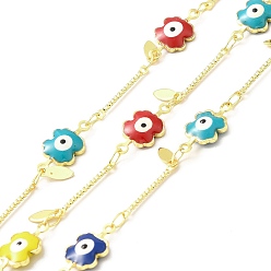 Real 18K Gold Plated Handmade Brass Enamel Flower Link Chain, with Brass Oval Charms, Soldered, with Spool, Cadmium Free & Lead Free, Real 18K Gold Plated, Flower: 17.5x15x3mm, Oval: 8x3x0.5mm