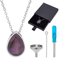 Amethyst Natural Amethyst Teardrop Urn Ashes Pendant 304 Stainless Steel Cable Chain Necklaces, Stainless Steel Color, with Square Paper Drawer Boxes, 17.80 inch(45.2cm)