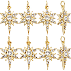 Настоящее золото 18K 8 кулоны из латуни с прозрачным кубическим цирконием, с прыжковых колец, звезда, реальный 18 k позолоченный, 16.7x10x2.9 мм, отверстие : 2.6 мм