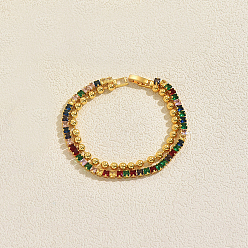 Разноцветный Элегантные теннисные браслеты из латуни с микропаве из кубического циркония, Двухслойные браслеты из шариковой цепочки для женщин, квадратный и круглый, золотые, красочный, 7.48 дюйм (19 см)