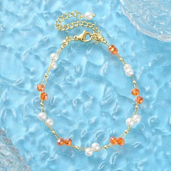 Темно-Оранжевый Браслеты из искусственного жемчуга и стеклянных бусин для женщин, с 304 фурнитурой из нержавеющей стали, золотые, темно-оранжевый, 6-7/8 дюйм (17.6 см)