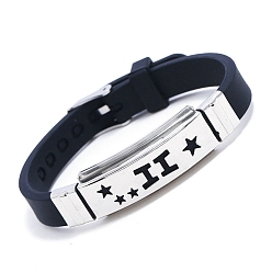 Zwillinge Edelstahl-Gliederarmband mit Sternbild und Silikonkordeln, Zwillinge, 8-7/8 Zoll (22.5 cm)