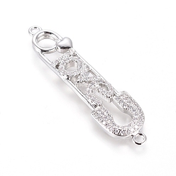 Platinum Brass Micro Pave Cubic Zirconia Links connectors, Safety Pin Shape with Word Love, For Valentine's Day, Clear, Platinum, 41x10x3mm, Hole: 1.4mm