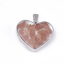 Камень с Пылевым Золотом Синтетические голдстоуновские подвески, со стеклянными и 304 выводами из нержавеющей стали, сердце, цвет нержавеющей стали, 19x21x6 мм, отверстие : 3x5.5 мм