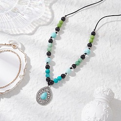 Разноцветный Сплав паве синтетическая бирюза каплевидный кулон выпечка окрашенные круглые стеклянные бусины плетеные ожерелья, античное серебро, красочный, 5.12~14.96 дюйм (13~38 см)