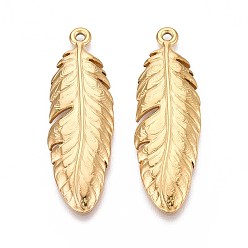 Настоящее золото 18K 304 из нержавеющей стали перо подвески, ионное покрытие (ip), реальный 18 k позолоченный, 46x15x2.5 мм, отверстие : 1.8 мм