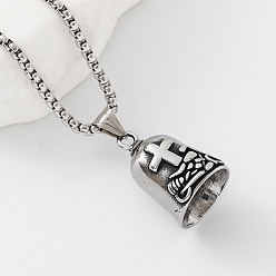 Stainless Steel Color Vintage 304 Stainless Steel Cross Bell Pendant Box Chain Necklaces for Women Men, Tarnish Free, Stainless Steel Color, 23.62 inch(60cm)