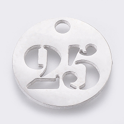 Number Не тускнеющие 304 подвески из нержавеющей стали, полый, плоские круглые с номером, цвет нержавеющей стали, кол. 25, 19x1.5 мм, отверстие : 2.5 мм
