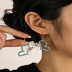 Аквамарин Висячие серьги из сплава со стразами в форме сердца и бабочки, золотые, аквамарин, 45x15 мм