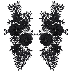 Черный Кружевные аппликации с вышивкой из полиэстера с цветочным узором, аппликации из бисера ручной работы, аксессуары к костюму, с пластиковой имитационной жемчужиной, чёрные, 255x116x9 мм