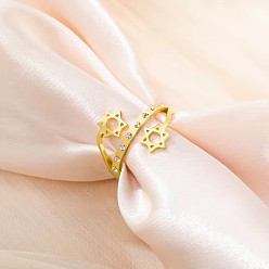 Doré  304 Bagues ouvertes manchettes en acier inoxydable et strass., étoile de david, or, 17mm