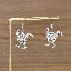 Plata Antigua Pendientes colgantes de gallo de aleación de zinc para mujer, plata antigua, 40 mm