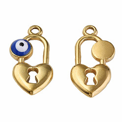 Темно-Синий 304 нержавеющей стальной эмали подвески, сердце замок со сглазом, золотые, темно-синий, 20x11x3 мм, отверстие : 1.8 мм