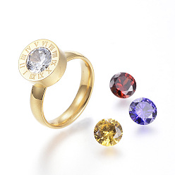 Золотой 304 палец кольца из нержавеющей стали, С 4 -цветными стразами, золотые, Размер 6~9, 16~19 мм