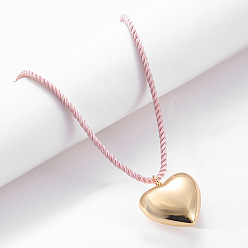Golden Brass Heart Pendant Twisted Nylon Cord Necklaces for Women, Pink, Golden, 16.14 inch(41cm)